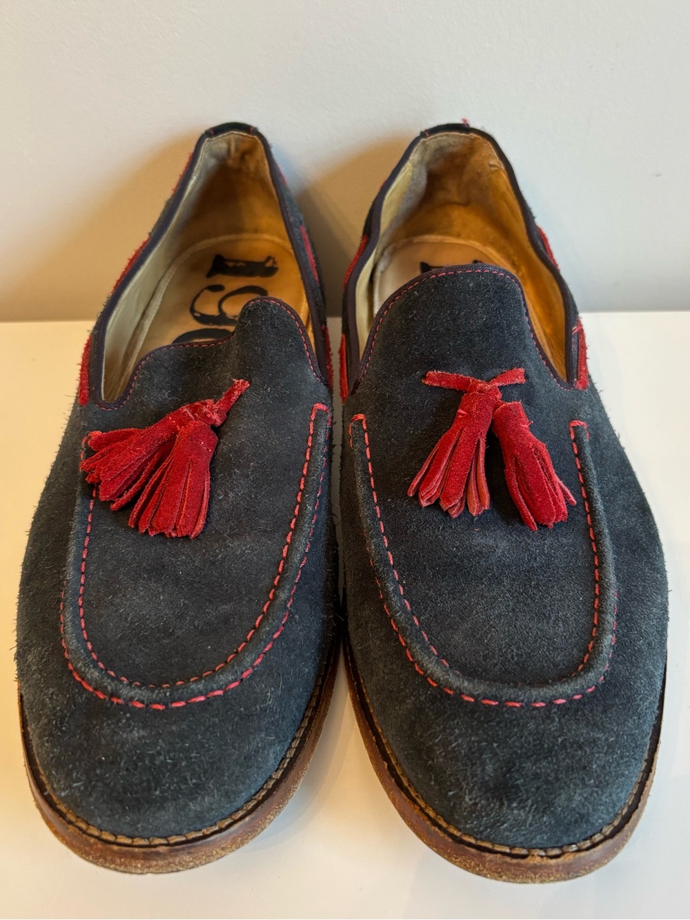 Vintage 1901 Men's Navy Suede Tassel Loafers Red Stitching Sz 11 Leather Spring